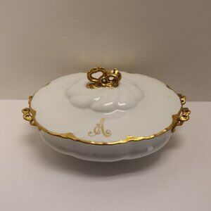 White Porcelain Bowl with Lid that has the Letter A in Gold Versailles